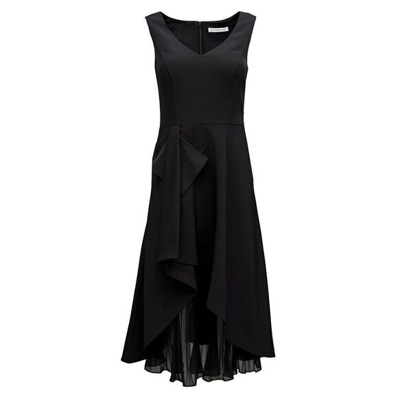 KAY UNGER Black Portrait V-Neck Stretch Crepe Ruffle Pleated Fit Flare Dress 4 - Picture 1 of 7